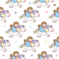 Cute Girl with Pegasus Seamless Pattern Vector Illustration