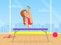 Cute Girl Performing Gymnastic Exercise on Uneven Bars, Gymnast Girl with Ribbon Taking Part in Rhythmic Gymnastics