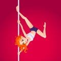 Cute girl performing pole dance. Young, slim and beautiful redhead woman takes on a pylon. Pole acrobatics. Bright red background