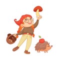 Cute girl picking mushrooms. Character holding big mushroom in arm. Hedgehog with an apple on back. Cozy autumn illustration in