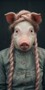 Soft-focus Algeapunk Portrait: Pig With Braided Braids And Trachten
