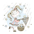 A cute girl with pigtails catches falling stars with a net. Vector Royalty Free Stock Photo