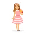 Cute girl in pink dress drinking a fresh juice through a straw, colorful character vector Illustration Royalty Free Stock Photo