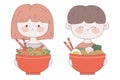 Cute girl with a plate of ramen. Kawaii Japanese food illustration. Traditional Japanese noodle. Asian food