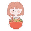 Cute girl with a plate of ramen. Kawaii Japanese food illustration. Traditional Japanese noodle. Asian food