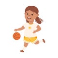 Cute Girl Playing Basketbal, Kid Doing Sports, Active Healthy Lifestyle Concept Cartoon Style Vector Illustration Royalty Free Stock Photo