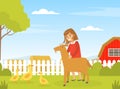 Cute Girl Playing with Goat on Farm Yard, Kid Interacting with Domestic Animal in Petting Zoo Cartoon Vector Royalty Free Stock Photo