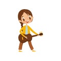 Cute girl playing guitar, little musician character with musical instrument cartoon vector Illustration on a white