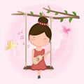 Cute girl playing guitar on swing and bird hand drawn cartoon illustration Royalty Free Stock Photo