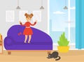 Cute Girl Playing with her Cat with Bow, Kid Having Fun with Pet Animal at Home Cartoon Vector Illustration Royalty Free Stock Photo