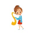 Cute girl playing saxophone, talented little musician character with musical instrument cartoon vector Illustration on a