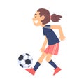 Cute Girl Playing Soccer, Kid Doing Sports, Healthy Lifestyle Concept Cartoon Style Vector Illustration