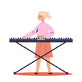 Cute girl playing synthesizer. Small kid play classical music on electric piano instrument