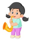 a cute girl plays a saxophone musical instrument