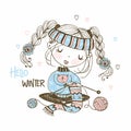 Cute girl is preparing for the winter knitting a scarf. Hello winter. Vector Royalty Free Stock Photo
