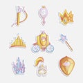 Cute girl princess icon set. Collection of cute princess stickers with crystall, magic wand, helm and shield with