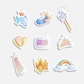 Cute girl princess icon set. Collection of cute princess stickers with sneakers, heart, tiara rainbow in clouds, magic Royalty Free Stock Photo