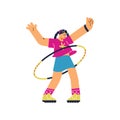 Cute girl professionally spinning hula hoop around waist, flat vector illustration isolated on white background.