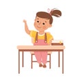 Cute Girl Pupil in Classroom at Desk Raising Hand Have Lesson Vector Illustration