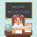 Cute girl pupil student learn table books school blackboard world globe flat design vector illustration