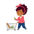 Cute Girl Pushing Shopping Cart Making Purchases Vector Illustration