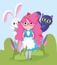 Cute girl with rabbit and cat field cartoon, children character Royalty Free Stock Photo