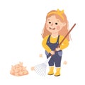 Cute Girl Raking Leaves, Save the World, Ecology Concept Cartoon Vector Illustration