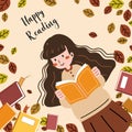 A cute girl reading a book and enjoy studying outside lying on the lawn in clear sky day. World book day concept cartoon flat Royalty Free Stock Photo