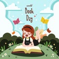 A cute girl reading a book and enjoy studying outside lying on the lawn in clear sky day. World book day concept cartoon flat Royalty Free Stock Photo