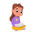 Cute Girl Reading Book while Sitting on Ffloor, Preschooler Kid or Elementary School Student Enjoying Literature Cartoon