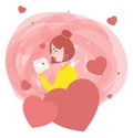 Cute girl reading love letter Valentine card heart shaped around Royalty Free Stock Photo