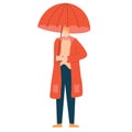 Cute girl in a red coat under an umbrella on a rainy day. Vector illustration in flat style Royalty Free Stock Photo