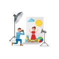 Cute girl in red dress at photo session, photographer making photos in photo studio vector Illustration