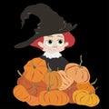 Cute girl with red hair in big witch hat with pumpkins. Child cartoon character. Autumn harvest or Halloween vector. Royalty Free Stock Photo