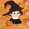 Cute girl with red hair in big witch hat with pumpkins. Child cartoon character. Autumn harvest or Halloween vector. Royalty Free Stock Photo