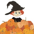 Cute girl with red hair in big witch hat with pumpkins. Child cartoon character. Autumn harvest or Halloween vector. Royalty Free Stock Photo