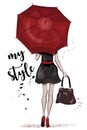 Cute girl with red umbrella. Hand drawn fashion woman. Sketch. Royalty Free Stock Photo