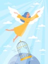 Cute girl is released from cage. Gaining freedom, life change process, angel flies to sun, emancipation day, exceed