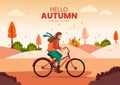 Cute girl ride with cycle. Hello Autumn Vector illustration with beautiful nature background Royalty Free Stock Photo