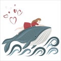 A cute girl rides a magic blue whale. Sweet Dreams Royalty Free Stock Photo