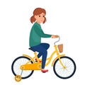 Cute girl riding bike. Smiling kid on bicycle, vector illustration Royalty Free Stock Photo