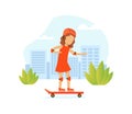 Cute Girl Riding Skateboard on City Street, Outdoor Morning Workout Vector Illustration