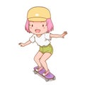 Cute girl riding a skateboard or surf skate.