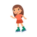 Cute girl roller skating flat vector illustration.