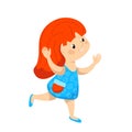 Cute girl running, cartoon vector character isolated. Happy kid playing. Red hair girl in blue dress Royalty Free Stock Photo