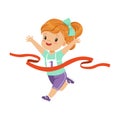 Cute girl running to the finish line first, kids physical activity concept vector Illustration on a white background