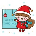 Cute girl santa claus vector wear fancy dress with merry christmas board and gift kawaii cartoon x mas festival happy new year Royalty Free Stock Photo