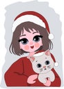 Cute girl in Santa hat and cute kitty