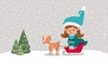 Cute girl santa helper with sled and reindeer Royalty Free Stock Photo