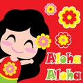 Cute girl says Aloha cartoon, summer postcard, wallpaper, and greeting card